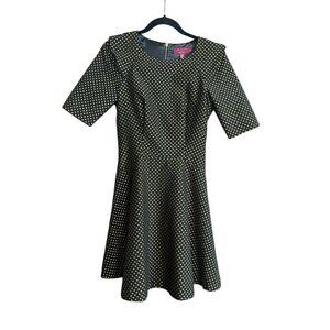 Ted Baker Black, Gold Polka Dot Short Sleeve Fit & Flare Dress, Size 0